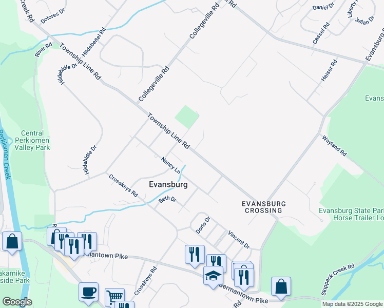 map of restaurants, bars, coffee shops, grocery stores, and more near 3922 Township Line Road in Collegeville