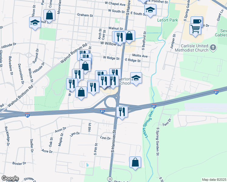 map of restaurants, bars, coffee shops, grocery stores, and more near 10 Noble Boulevard in Carlisle