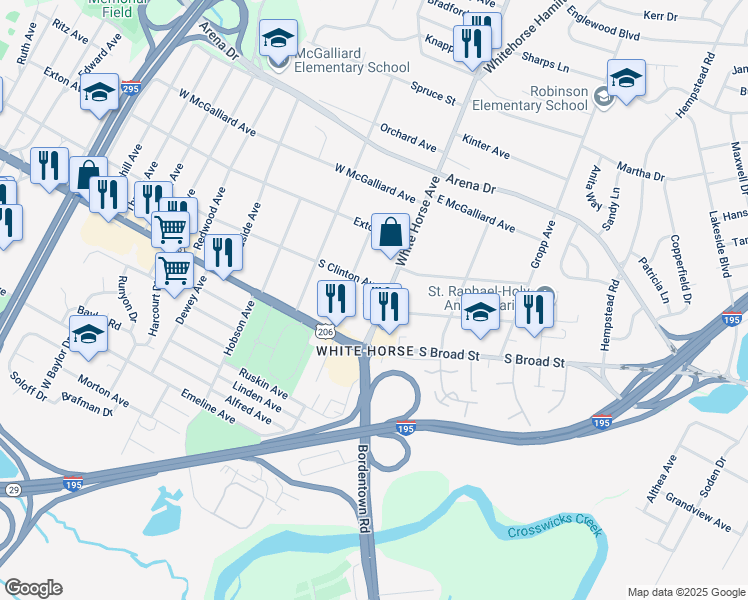 map of restaurants, bars, coffee shops, grocery stores, and more near 66 White Horse Avenue in Trenton