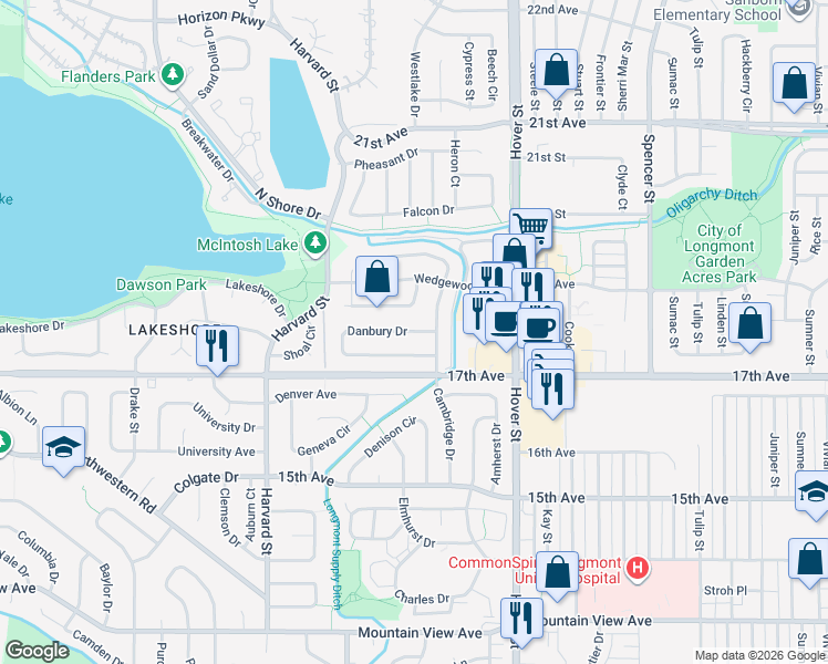 map of restaurants, bars, coffee shops, grocery stores, and more near 2518 Danbury Drive in Longmont