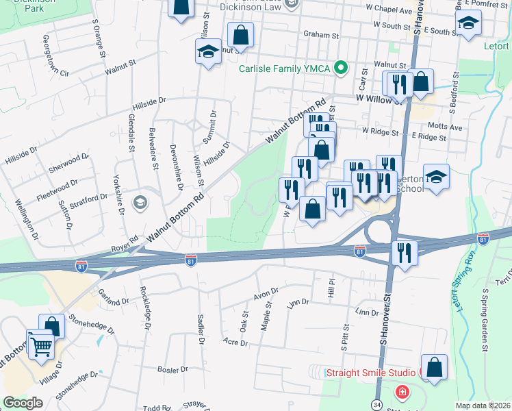 map of restaurants, bars, coffee shops, grocery stores, and more near 850 Bicentennial Drive in Carlisle