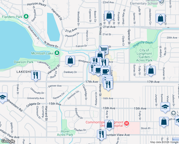 map of restaurants, bars, coffee shops, grocery stores, and more near 2400 17th Avenue in Longmont
