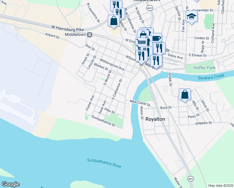 map of restaurants, bars, coffee shops, grocery stores, and more near 65 State Street in Middletown
