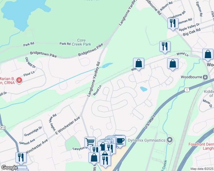 map of restaurants, bars, coffee shops, grocery stores, and more near 24 Tupelo Lane in Langhorne
