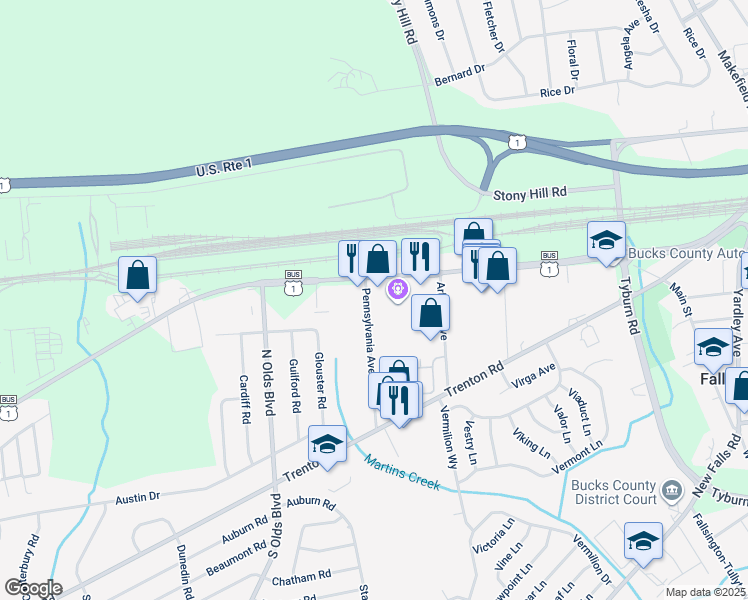 map of restaurants, bars, coffee shops, grocery stores, and more near 1 Pennsylvania Avenue in Fairless Hills