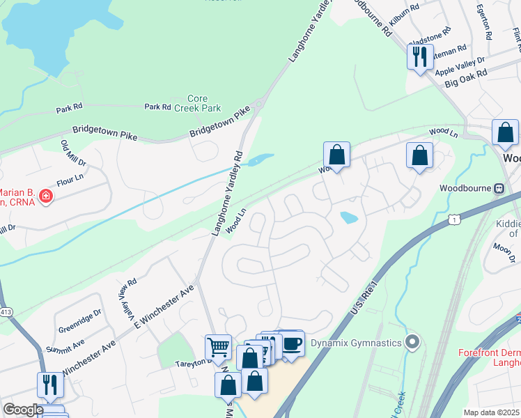 map of restaurants, bars, coffee shops, grocery stores, and more near 24 Tupelo Lane in Langhorne