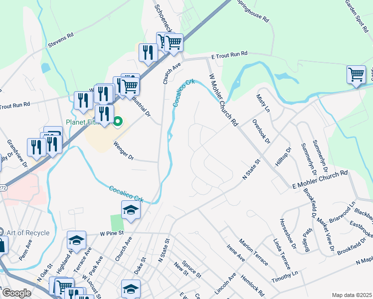 map of restaurants, bars, coffee shops, grocery stores, and more near 50 Autumn Blaze Way in Ephrata