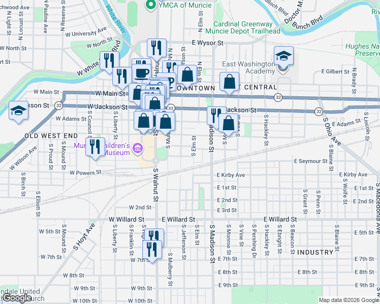 map of restaurants, bars, coffee shops, grocery stores, and more near 550 South Jefferson Street in Muncie