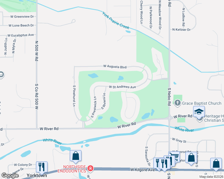 map of restaurants, bars, coffee shops, grocery stores, and more near 7109 West Saint Andrews Avenue in Muncie