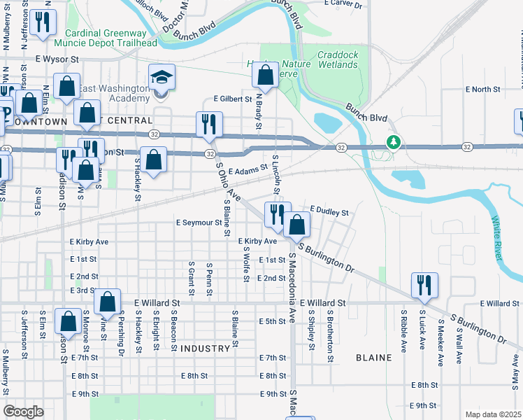 map of restaurants, bars, coffee shops, grocery stores, and more near 525 South Ohio Avenue in Muncie