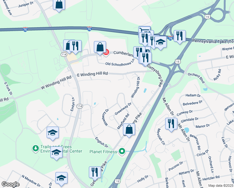map of restaurants, bars, coffee shops, grocery stores, and more near 13 Broadmoor Drive in Mechanicsburg