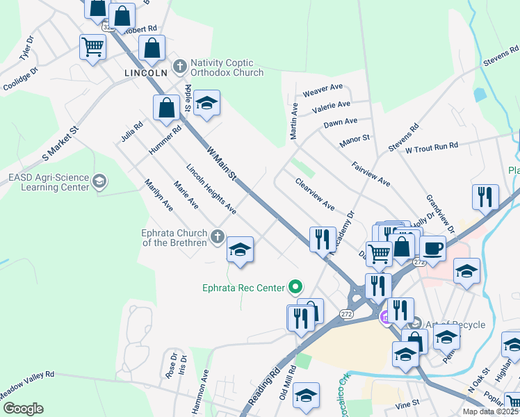 map of restaurants, bars, coffee shops, grocery stores, and more near 1040 West Main Street in Ephrata