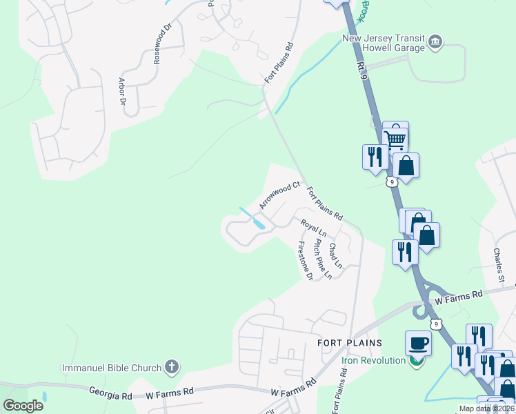 map of restaurants, bars, coffee shops, grocery stores, and more near 12 Bracken Court in Howell Township