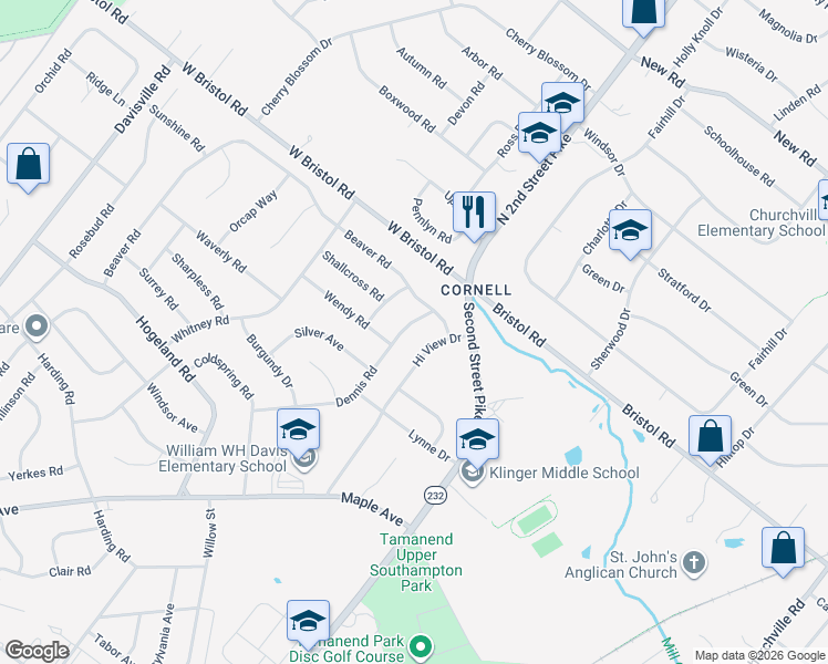 map of restaurants, bars, coffee shops, grocery stores, and more near 1384 Hi View Drive in Southampton
