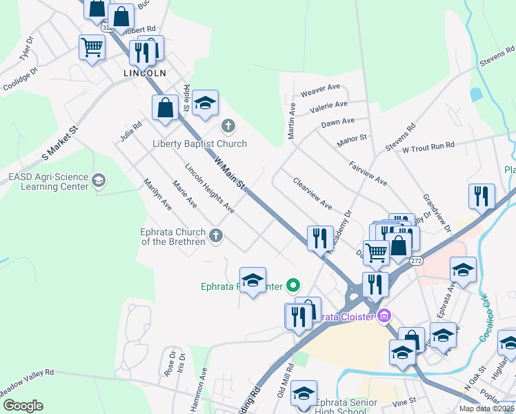 map of restaurants, bars, coffee shops, grocery stores, and more near 1040 West Main Street in Ephrata