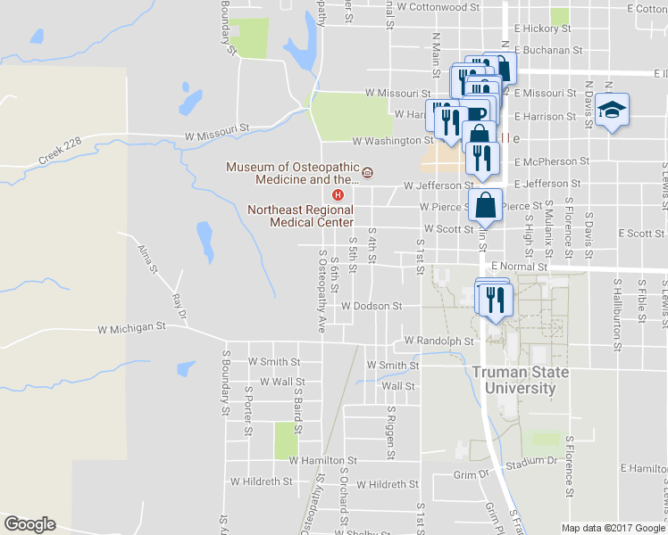 map of restaurants, bars, coffee shops, grocery stores, and more near 720 South 6th Street in Kirksville