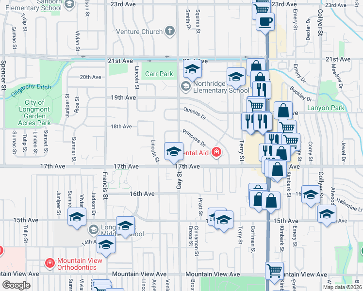 map of restaurants, bars, coffee shops, grocery stores, and more near 1729 Countess Court in Longmont