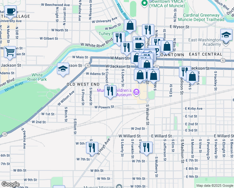 map of restaurants, bars, coffee shops, grocery stores, and more near 519 South Liberty Street in Muncie