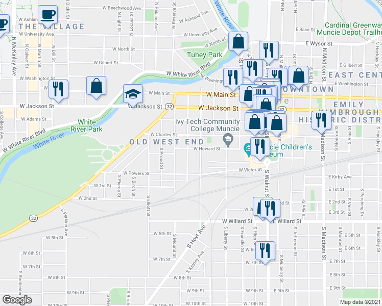 map of restaurants, bars, coffee shops, grocery stores, and more near 527 South Gharkey Street in Muncie