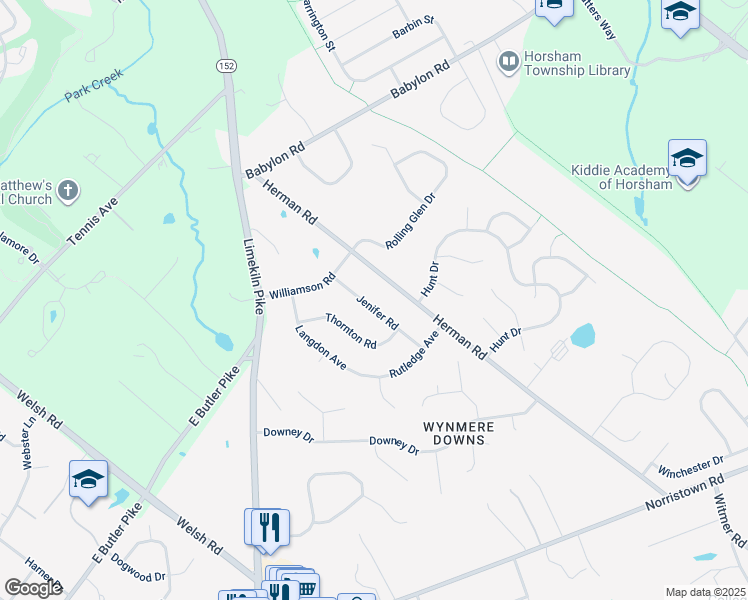 map of restaurants, bars, coffee shops, grocery stores, and more near 916 Jenifer Road in Horsham