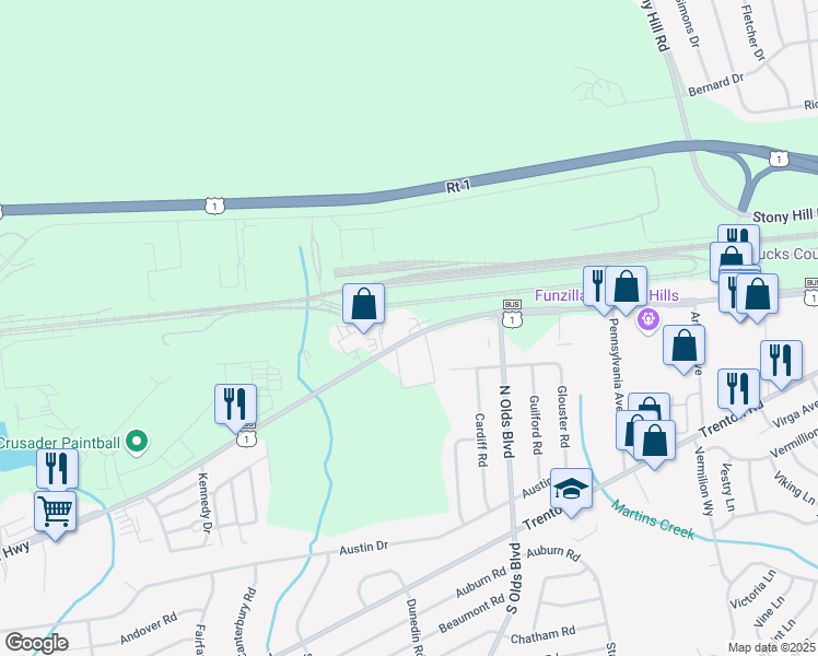 map of restaurants, bars, coffee shops, grocery stores, and more near 351 U.S. 1 Business in Fairless Hills