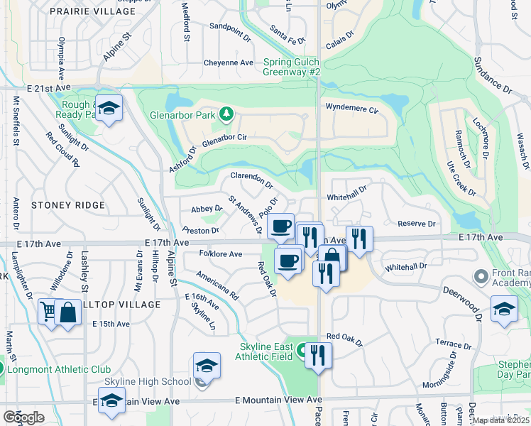 map of restaurants, bars, coffee shops, grocery stores, and more near 2835 Whitehall Drive in Longmont