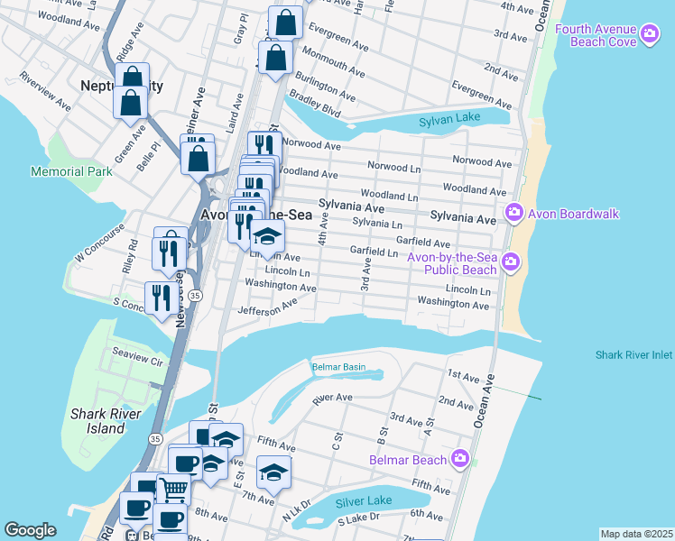 map of restaurants, bars, coffee shops, grocery stores, and more near 322 Washington Avenue in Avon-by-the-Sea