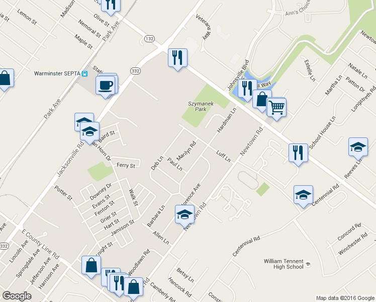 map of restaurants, bars, coffee shops, grocery stores, and more near 407 Marilyn Rd in Warminster