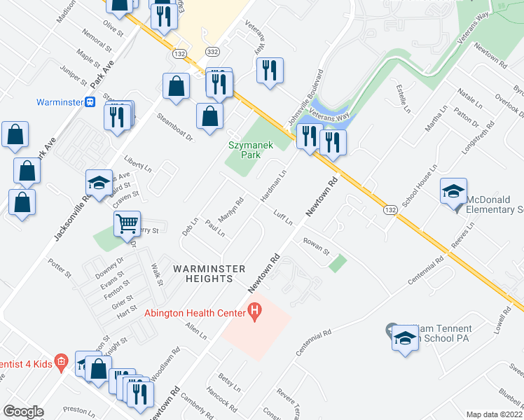map of restaurants, bars, coffee shops, grocery stores, and more near 228 Luff Lane in Warminster