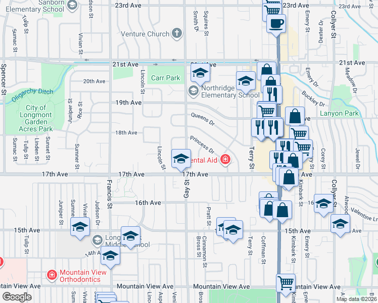 map of restaurants, bars, coffee shops, grocery stores, and more near 1729 Countess Court in Longmont