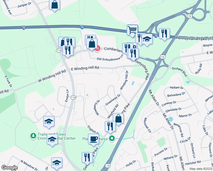 map of restaurants, bars, coffee shops, grocery stores, and more near 13 Broadmoor Drive in Mechanicsburg