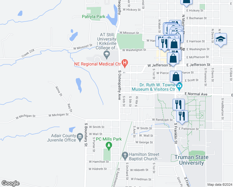 map of restaurants, bars, coffee shops, grocery stores, and more near 716 South Osteopathy Avenue in Kirksville