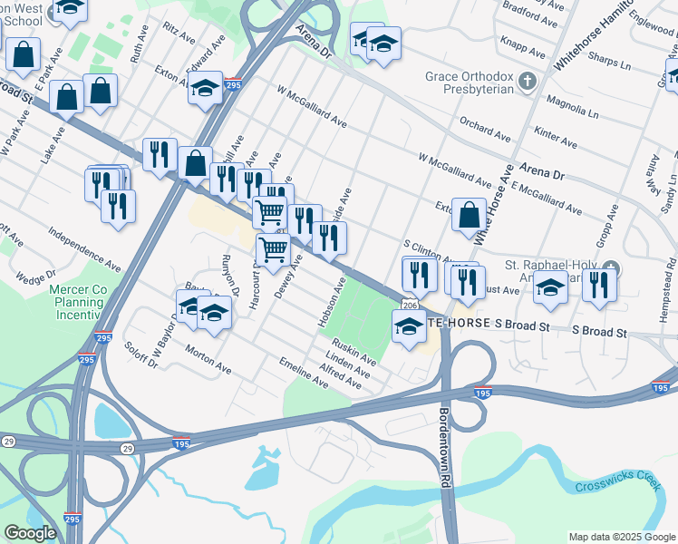 map of restaurants, bars, coffee shops, grocery stores, and more near 67 Miles Avenue in Trenton