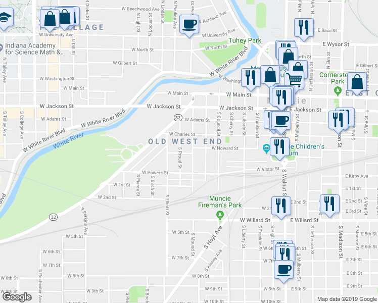 map of restaurants, bars, coffee shops, grocery stores, and more near 437 South Mound Street in Muncie