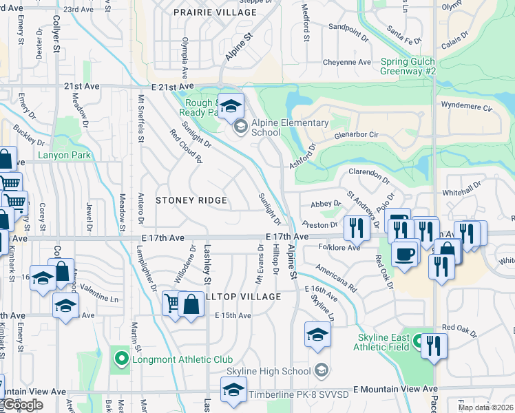 map of restaurants, bars, coffee shops, grocery stores, and more near 241 Sherwood Court in Longmont