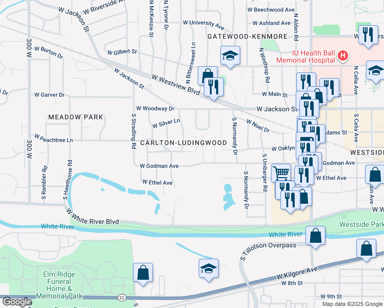 map of restaurants, bars, coffee shops, grocery stores, and more near 3700 West Godman Avenue in Muncie
