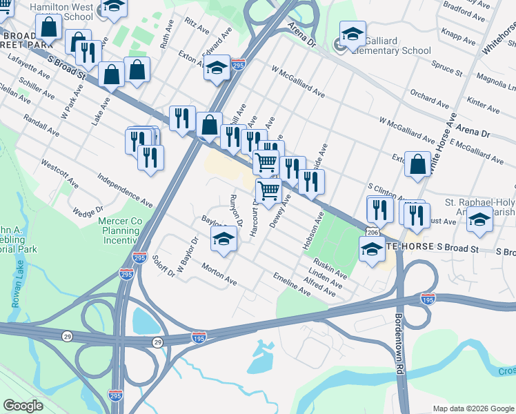 map of restaurants, bars, coffee shops, grocery stores, and more near 110 Harcourt Drive in Trenton