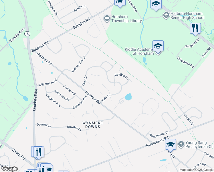 map of restaurants, bars, coffee shops, grocery stores, and more near 4 Curry Lane in Horsham