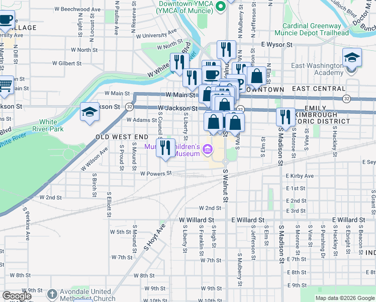 map of restaurants, bars, coffee shops, grocery stores, and more near 300-398 West Seymour Street in Muncie