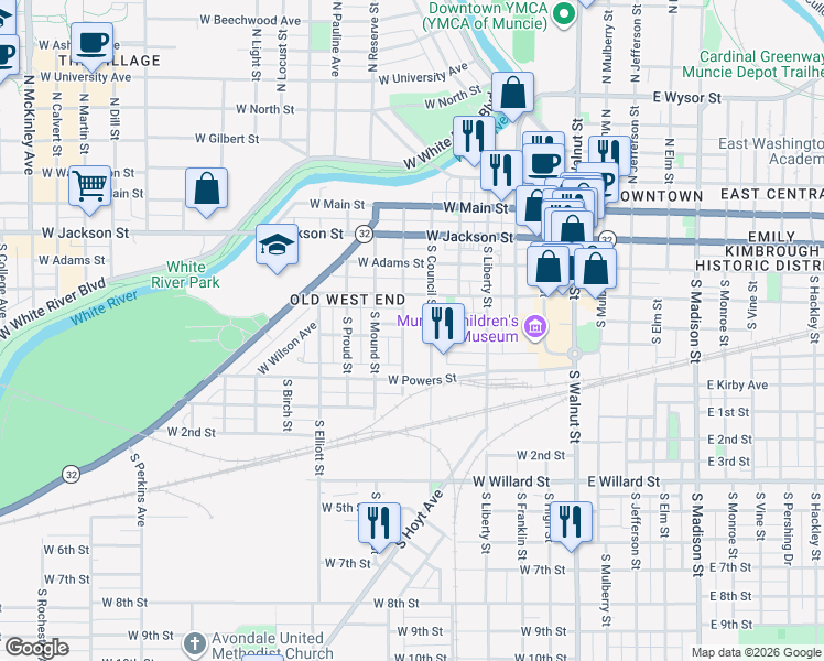 map of restaurants, bars, coffee shops, grocery stores, and more near 527 South Gharkey Street in Muncie