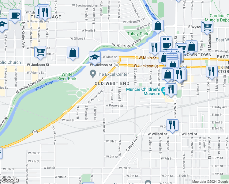 map of restaurants, bars, coffee shops, grocery stores, and more near 820 West Howard Street in Muncie