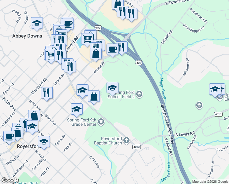 map of restaurants, bars, coffee shops, grocery stores, and more near 350 South Lewis Road in Royersford
