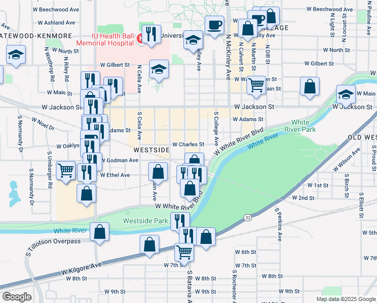 map of restaurants, bars, coffee shops, grocery stores, and more near in Muncie