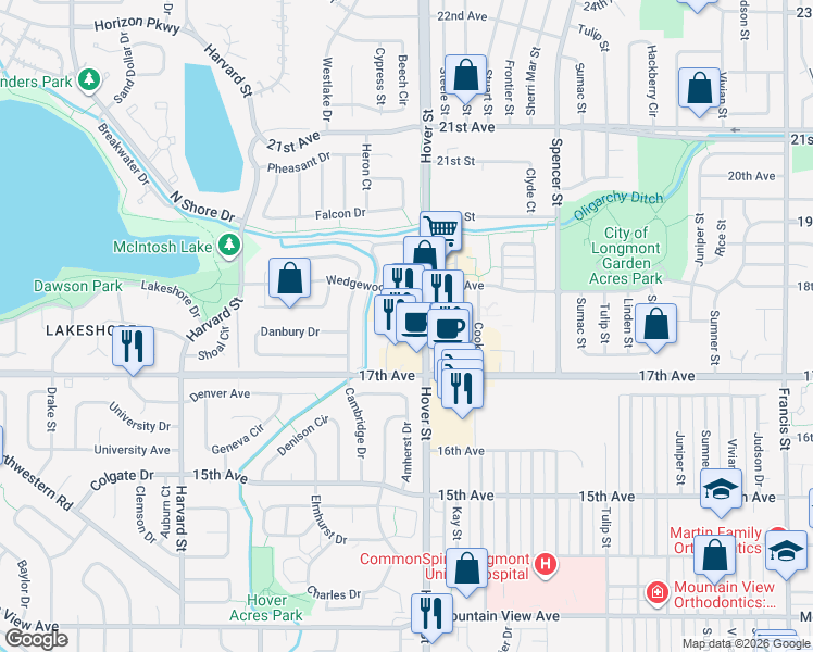 map of restaurants, bars, coffee shops, grocery stores, and more near 1751 Hover Street in Longmont