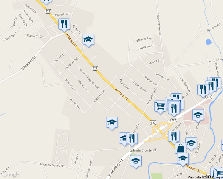 map of restaurants, bars, coffee shops, grocery stores, and more near 1050 West Main Street in Ephrata
