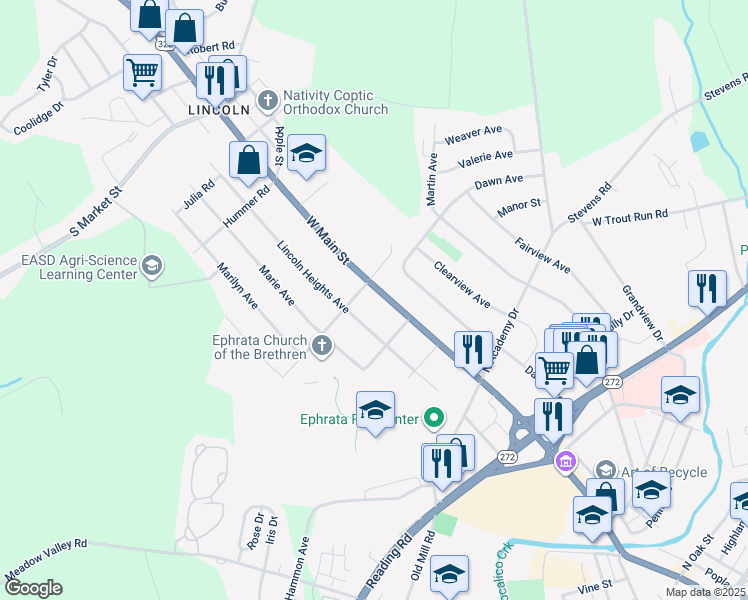 map of restaurants, bars, coffee shops, grocery stores, and more near 1050 West Main Street in Ephrata