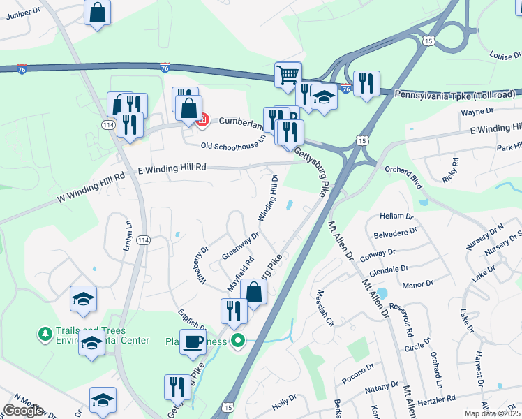 map of restaurants, bars, coffee shops, grocery stores, and more near 19 Winding Hill Drive in Mechanicsburg