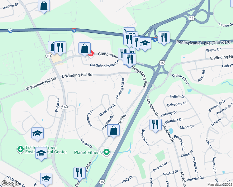 map of restaurants, bars, coffee shops, grocery stores, and more near 19 Winding Hill Drive in Mechanicsburg
