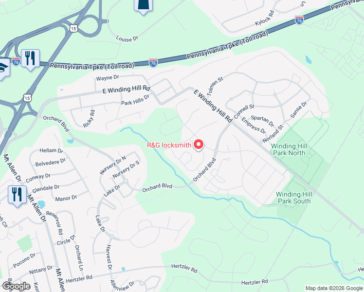 map of restaurants, bars, coffee shops, grocery stores, and more near 1734 Fairbank Lane in Mechanicsburg