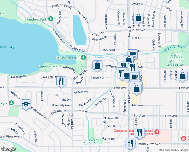 map of restaurants, bars, coffee shops, grocery stores, and more near 2628 Danbury Drive in Longmont